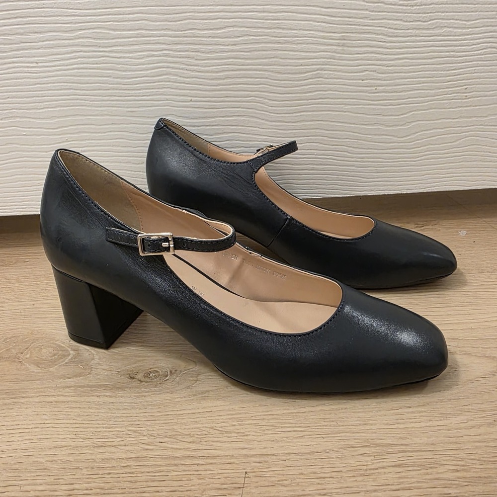 Di Donna Navy Blue Leather Mary Jane Heels Square Toe Pumps Women's Size 38